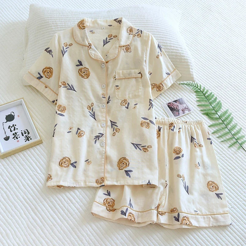 Saviig Rabbit Flower Print Pajama Set Short Sleeve Top Elastic Shorts