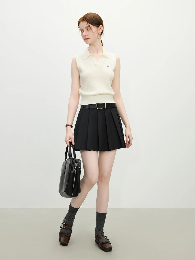 Saviig Cable Knit Sleeveless Vest with Polo Collar Embroidery