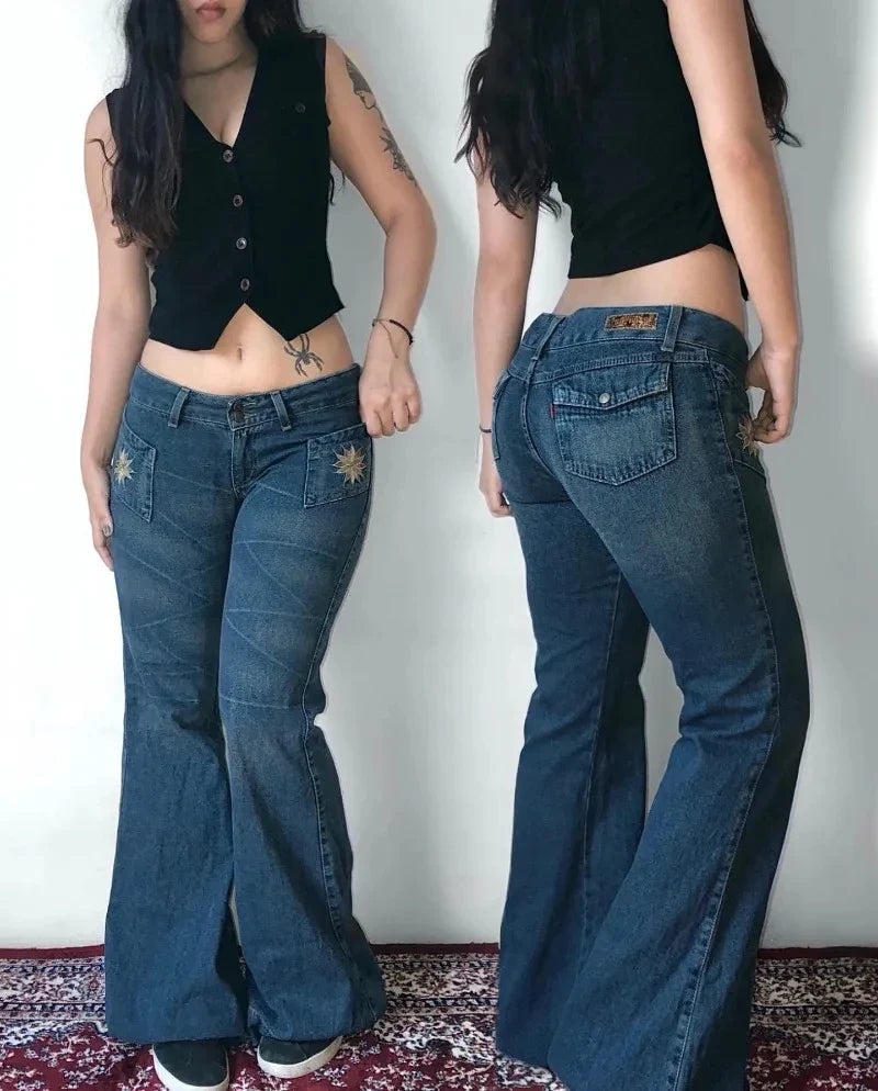 Saviig Vintage Oversized Letter Embroidery High Waist Wide Leg Jeans Harajuku Hip Hop