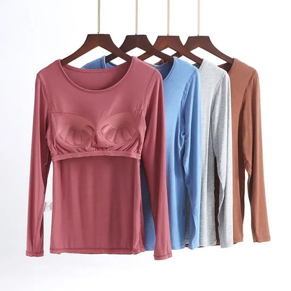Saviig Long-Sleeved Pajamas with Integrated Bra, Spring/Autumn Women's Home Base Innerwear