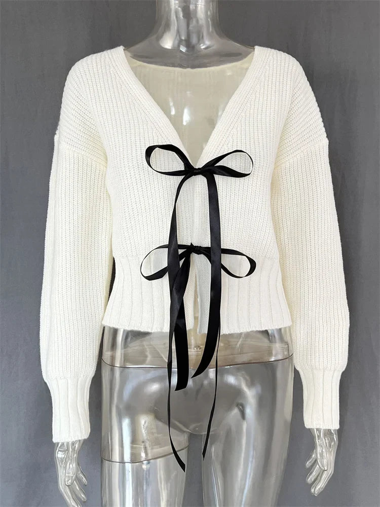 Saviig Ribbed Knit Lace-Up Sweater Cardigan for Women