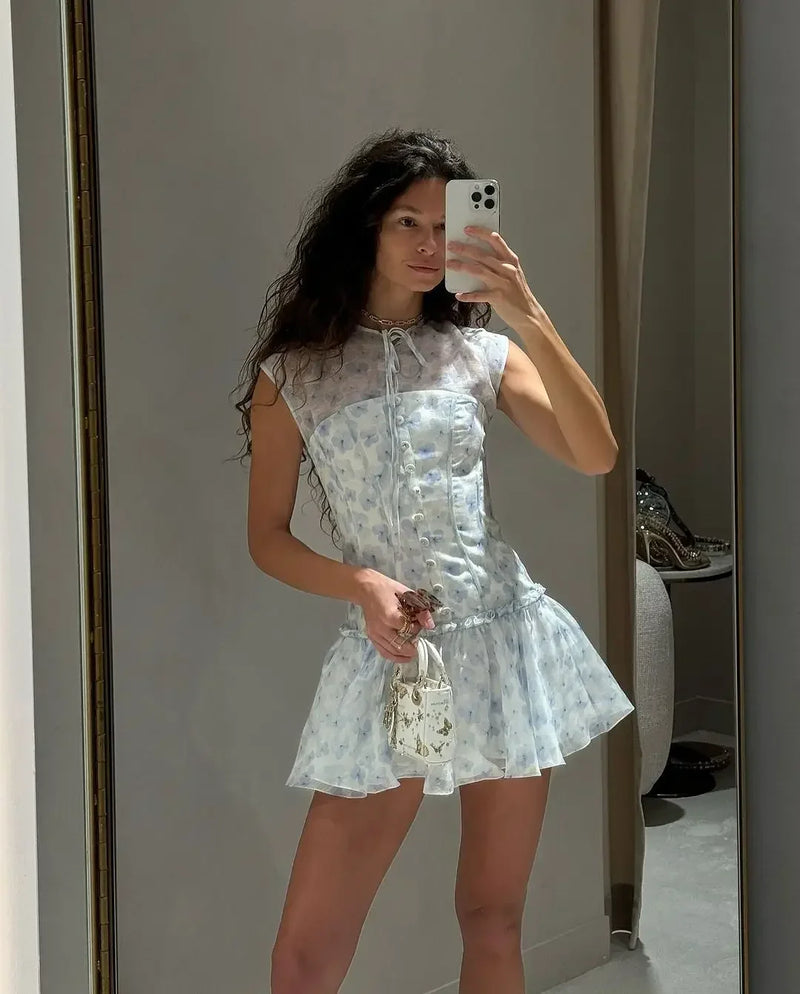 Saviig Blue Printed Sleeveless Mini Dress with Elegant A-line Design