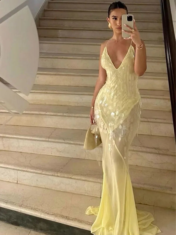 Saviig Sequin Chiffon Maxi Dress | Elegant Deep V-neck Backless Evening Gown