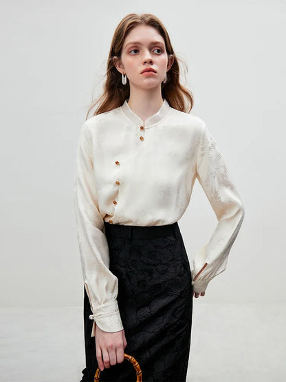 Saviig Jacquard Stand Collar Blouse - Women's Chinese Style Top