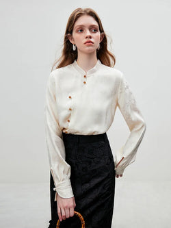 Saviig Jacquard Stand Collar Blouse - Women's Chinese Style Top