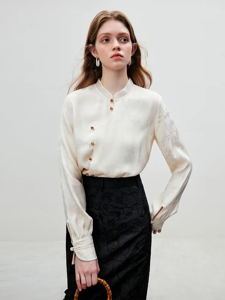 Saviig Jacquard Stand Collar Blouse - Women's Chinese Style Top