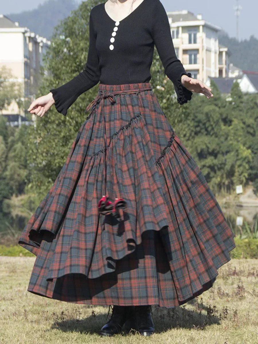 Saviig Lace Irregular Hem Medieval Skirt, High Waist Pleated, Heavy Cotton