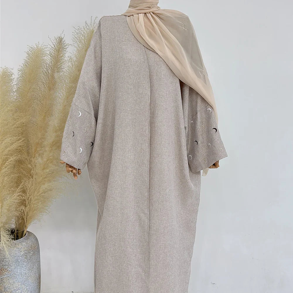 Saviig Moon Embroidery Open Abaya, Batwing Sleeves Kimono for Muslim Women