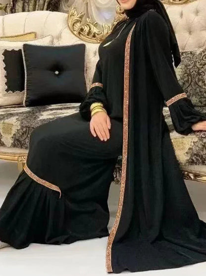 Saviig 2 Piece Muslim Abaya Set with Ruffle Caftan & Kimono Cardigan