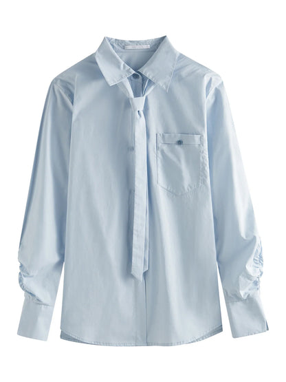 Saviig Cotton Long Sleeved Shirt with Detachable Tie - Spring 2025 Casual Women's Shirt