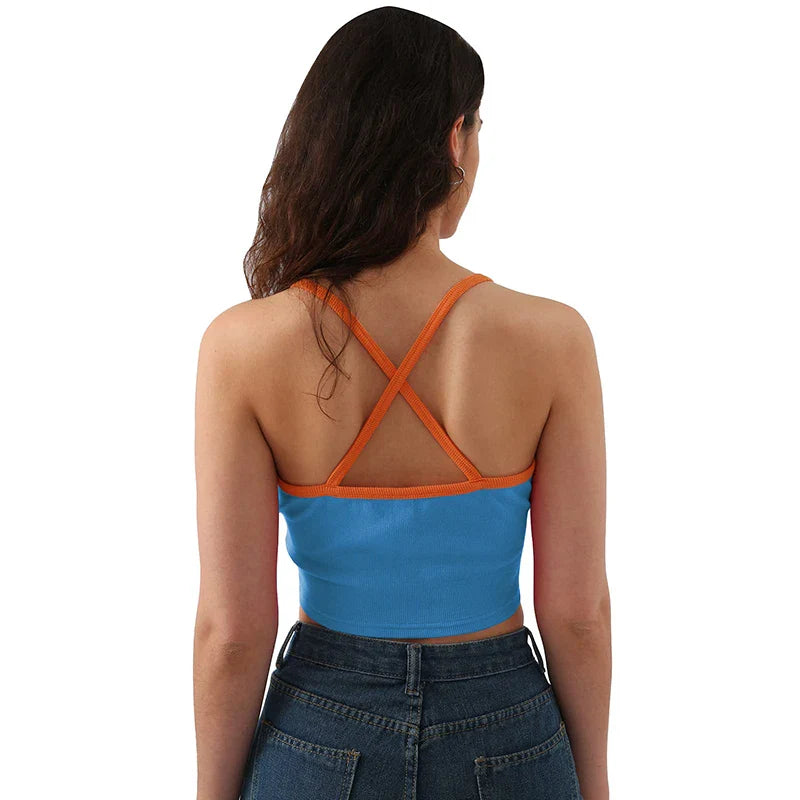 Saviig Back Cross Patchwork Cropped Tops - Women's Cotton Stretchy Summer Aesthetic Code