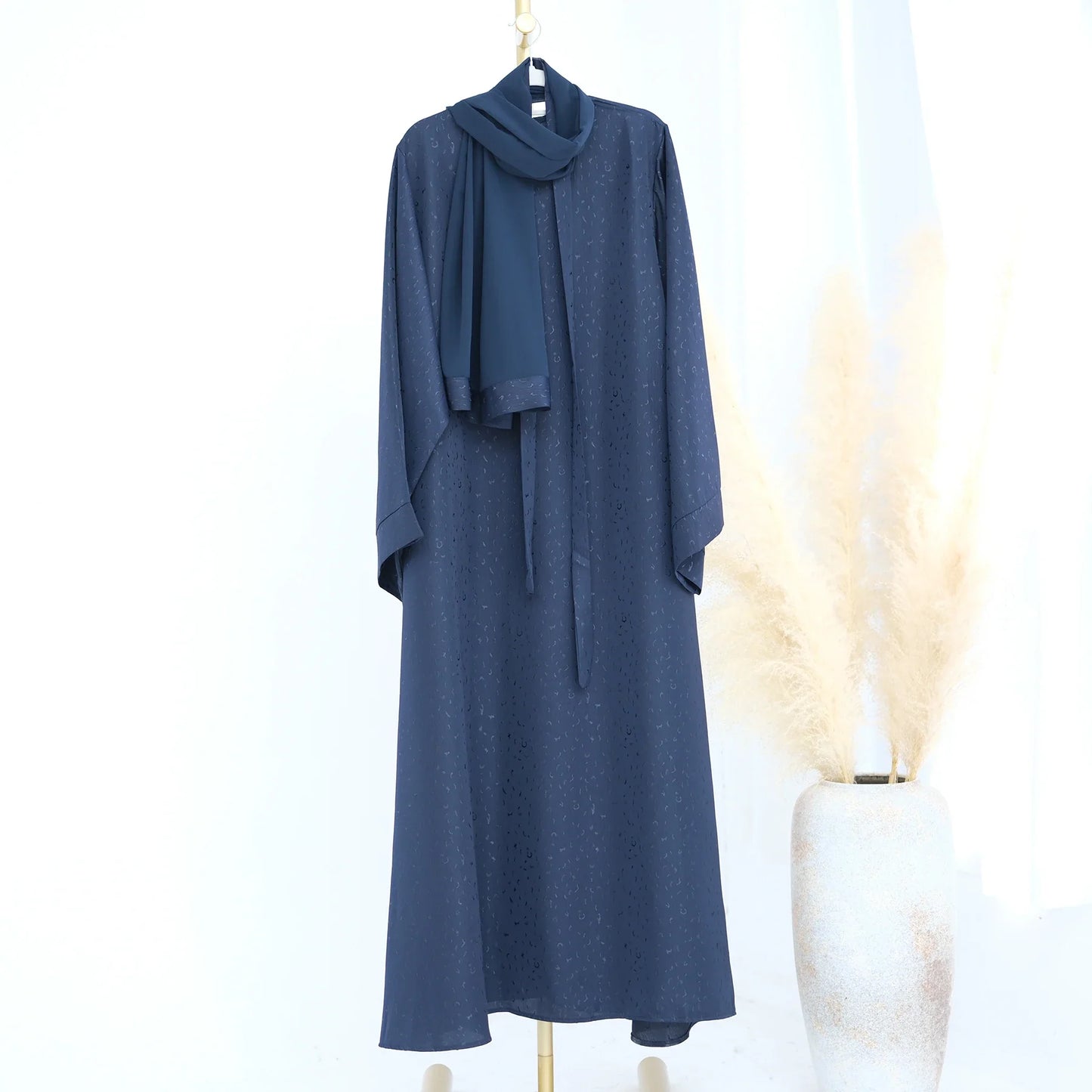Saviig 3D Jacquard Muslim Abaya Dress for Women, O Neck Wide Sleeves