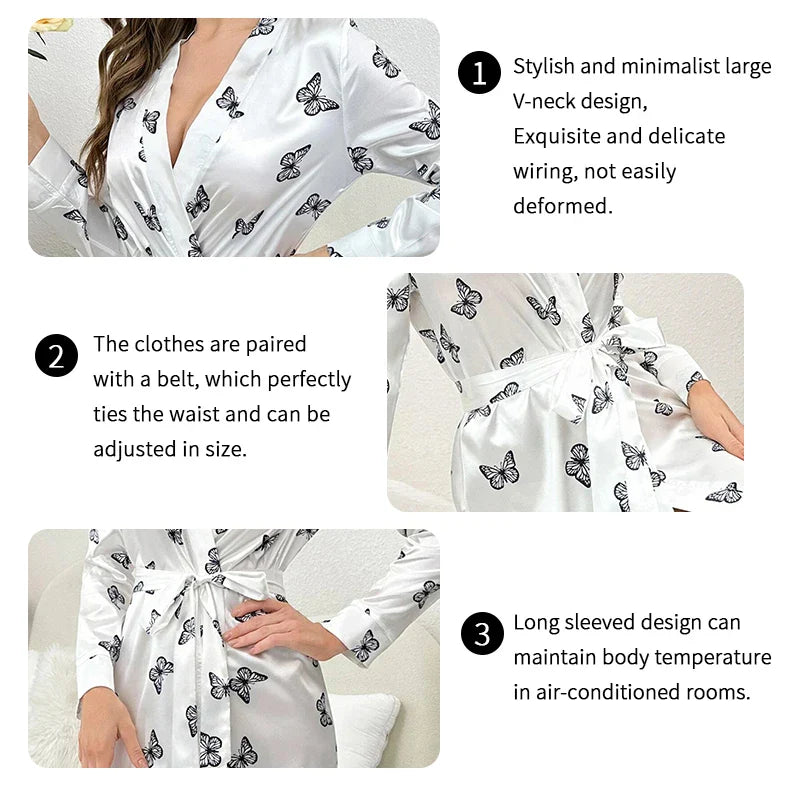 Saviig Satin Kimono Nightgown Sleepwear Nightie for Women Ÿ?? V Neck Long Sleeve Pyjama
