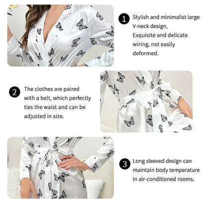 Saviig Satin Kimono Nightgown Sleepwear Nightie for Women Ÿ?? V Neck Long Sleeve Pyjama
