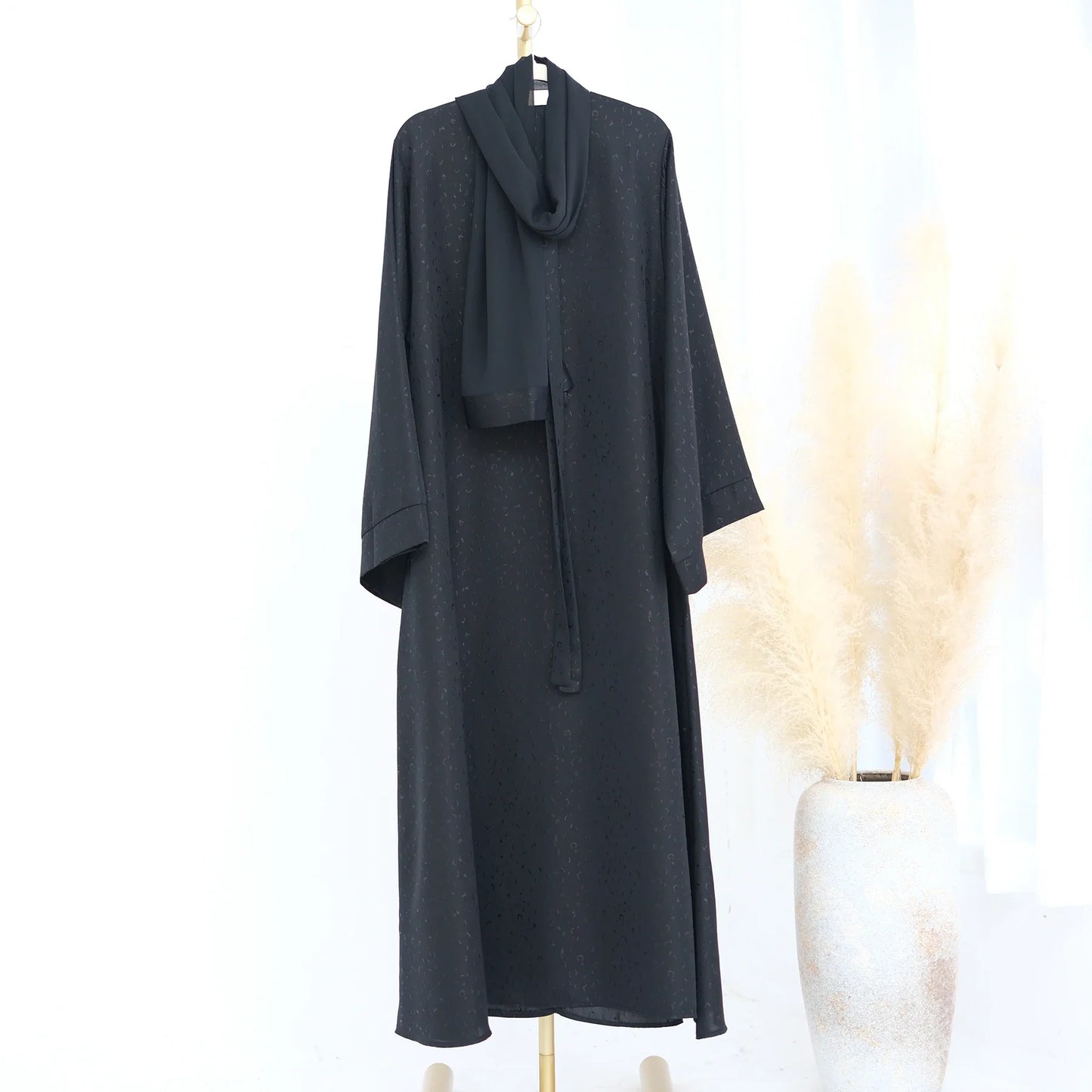 Saviig 3D Jacquard Muslim Abaya Dress for Women, O Neck Wide Sleeves