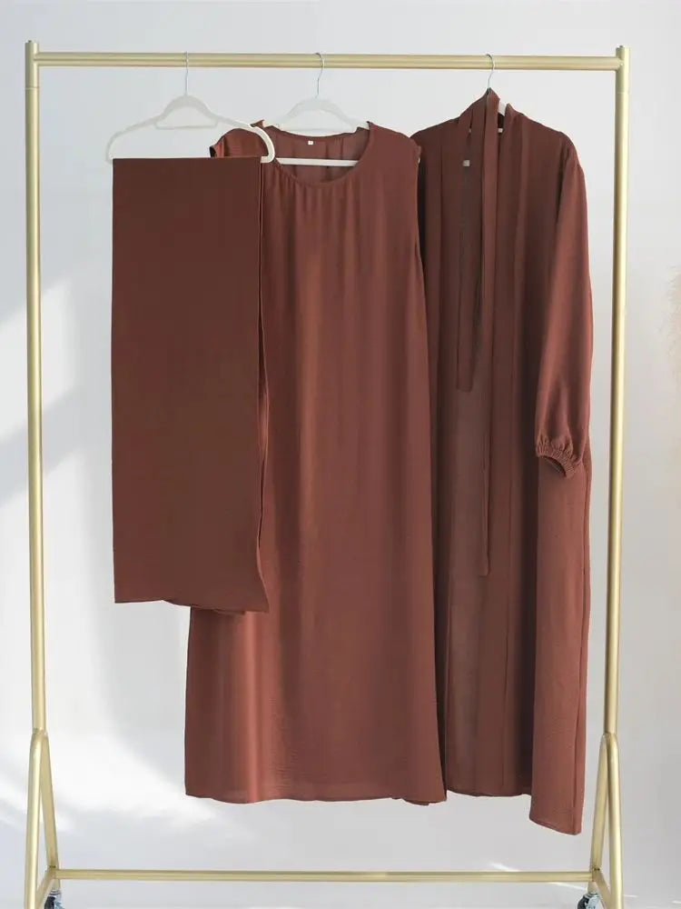 Saviig Ramadan Eid Abaya Kaftan Set with Hijab Dress & Kimono - Women's Muslim Ensemble