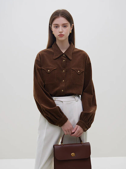 Saviig Corduroy Shirt: French Art Design Solid Long Sleeve Women's Shirt