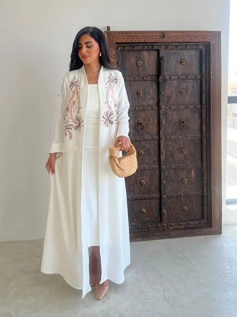 Saviig Luxury White Muslim Eid Kebaya Kaftan Abaya Modest Kimono Robe for Women