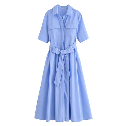 Saviig Retro Double Pocket A-line Dress, Half Sleeve, Lapel, Pleated, Daily Street Style