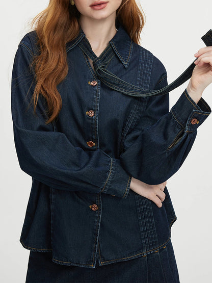Saviig Dark Blue Denim Set with Removable Lace-up Detail & Back Zipper Placket