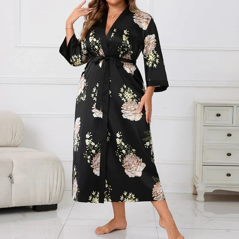 Saviig Satin Floral V-Neck Kimono Robe Belted PJs, Size 5XL
