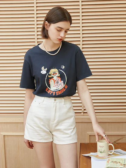 Saviig American Retro Loose Cotton Printed Short-sleeve T-shirt Women Summer Casual Tops