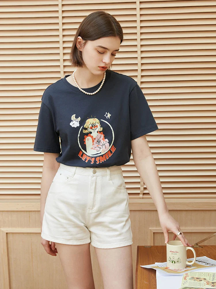 Saviig American Retro Loose Cotton Printed Short-sleeve T-shirt Women Summer Casual Tops