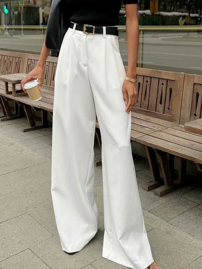 Saviig High Waist Wide Leg Pants | White Office Lady Loose Trousers
