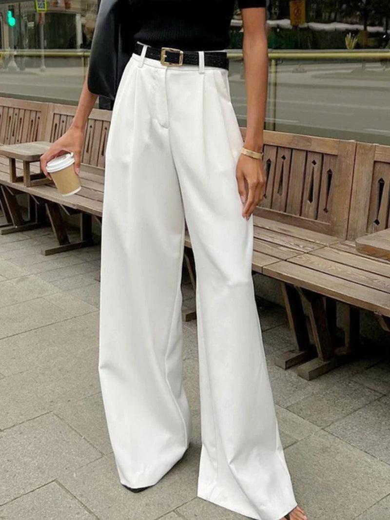 Saviig High Waist Wide Leg Pants | White Office Lady Loose Trousers