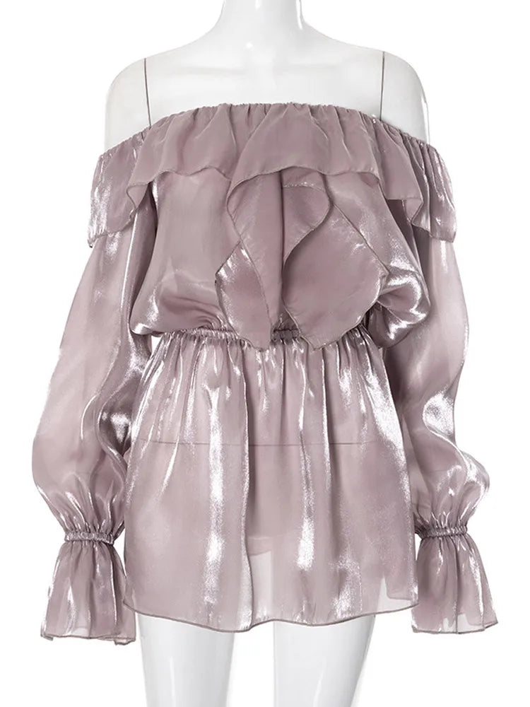 Saviig Sexy Purple Ruffle Mini Dress with Lantern Sleeves