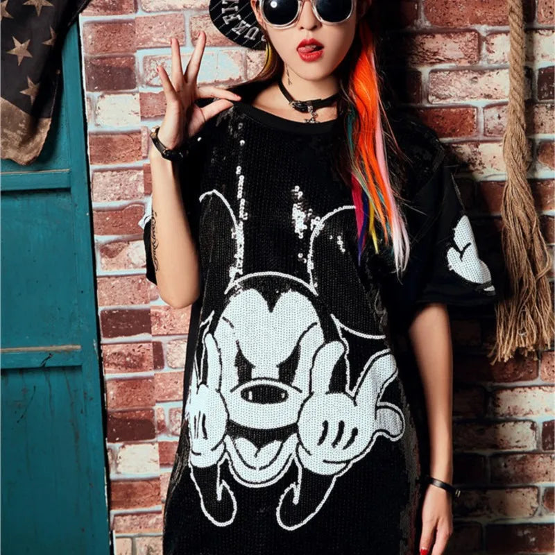 Saviig Women's Mickey Print Sequin Dress	Size O-neck Streetwear Party Club