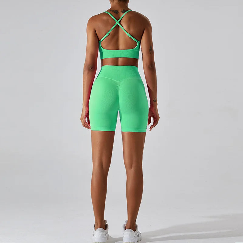 Saviig Seamless Ribbed Yoga Set: Crop Tank & High Waist Shorts Fitness Outfit