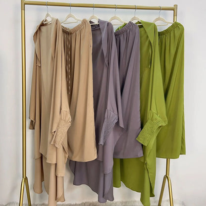 Saviig Satin Jilbab Set, Smocked Abaya, Khimar, Side Pocket Skirt