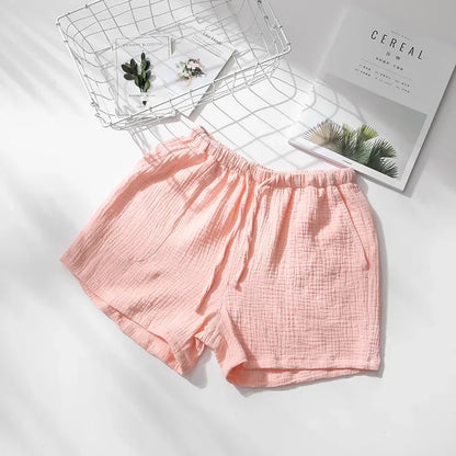 Saviig Cotton Crepe Sleep Shorts for Couples, Elastic Waist Nightwear Pajama Bottoms