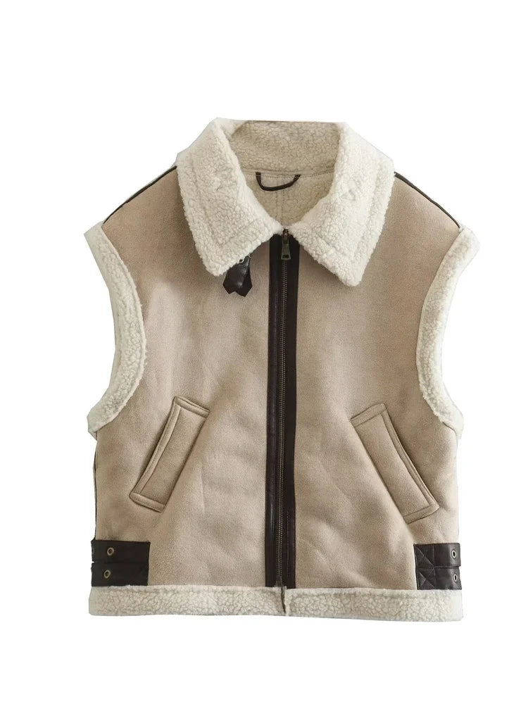 Saviig Contrast Cardigan Vest Sleeveless Zipper Pocket Patchwork Fashion Women's Jackets