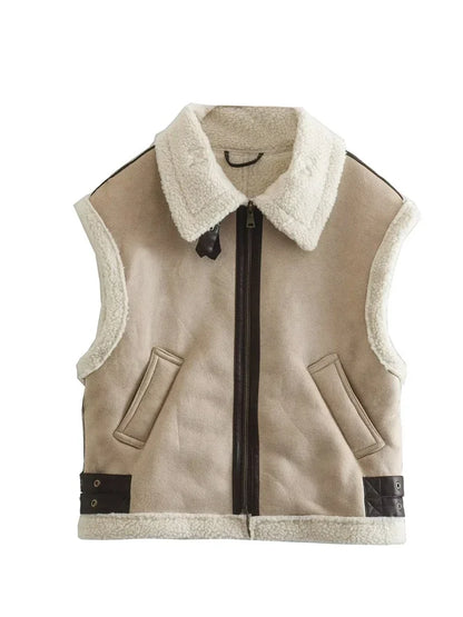 Saviig Contrast Cardigan Vest Sleeveless Zipper Pocket Patchwork Fashion Women's Jackets