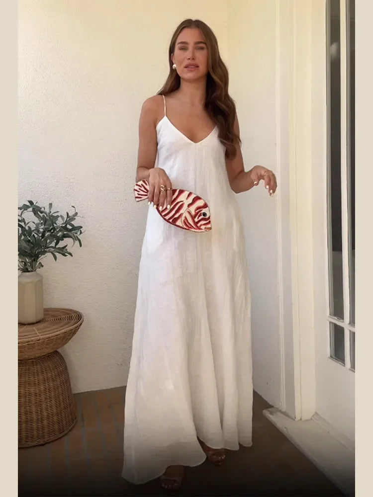 Saviig White V-Neck Sling Dress - Backless, Sleeveless, Loose Fit, Long Summer Dress
