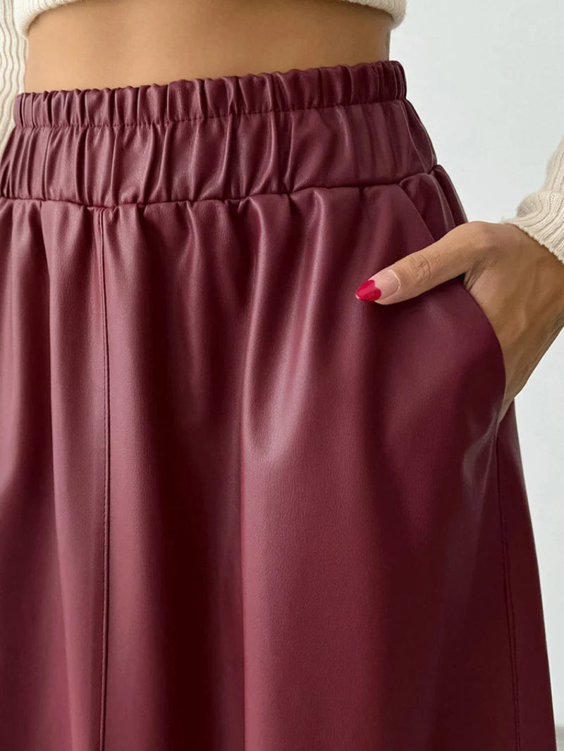 Saviig Retro Red Leather Half Skirt for Women | Autumn Winter PU Chic Long Skirt