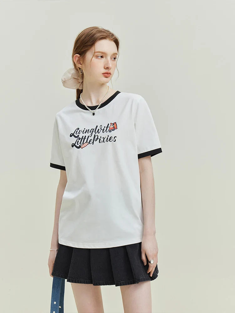 Saviig Retro Letter Print Women's Cotton T-shirt