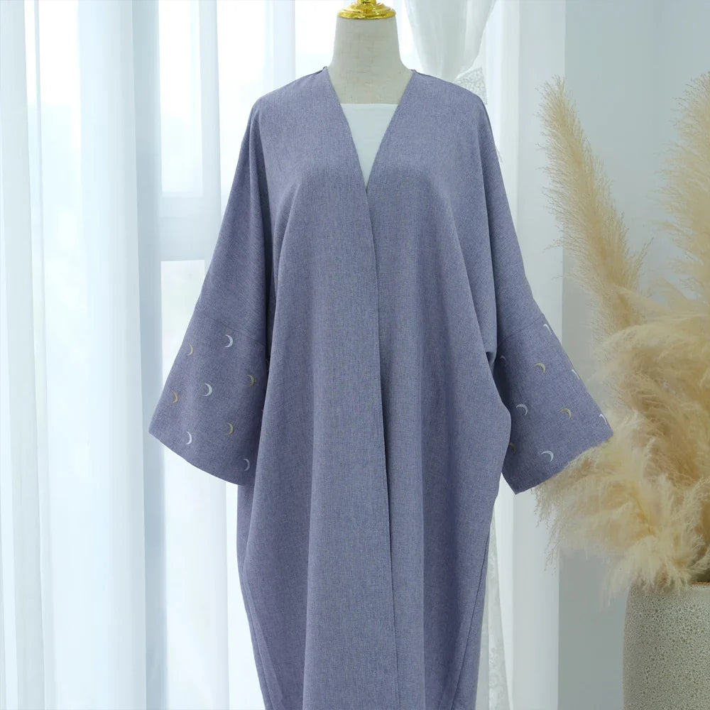 Saviig Moon Embroidery Open Abaya, Batwing Sleeves Kimono for Muslim Women