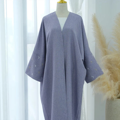 Saviig Moon Embroidery Open Abaya, Batwing Sleeves Kimono for Muslim Women