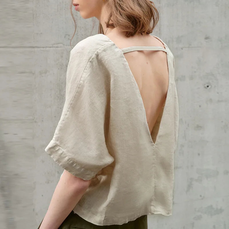 Saviig Linen Backless V-Neck Top Women 2025 Casual Solid Color Loose Summer T-Shirt