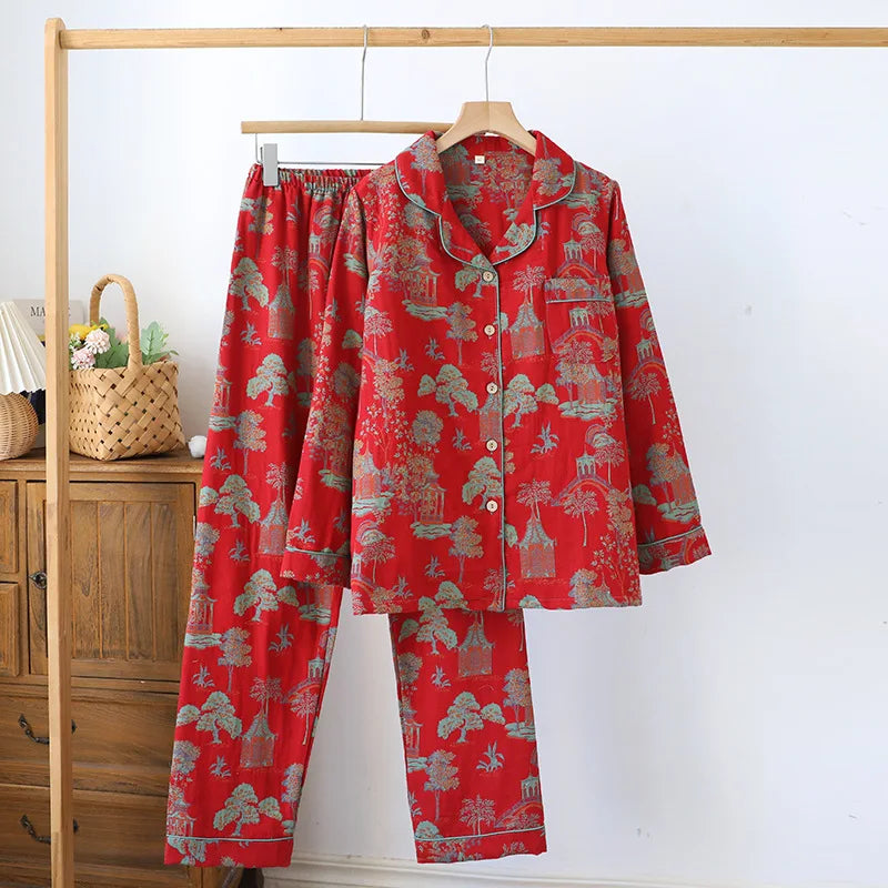 Saviig Retro Color Woven Pajama Set - 100% Cotton, Long Sleeve & Pants