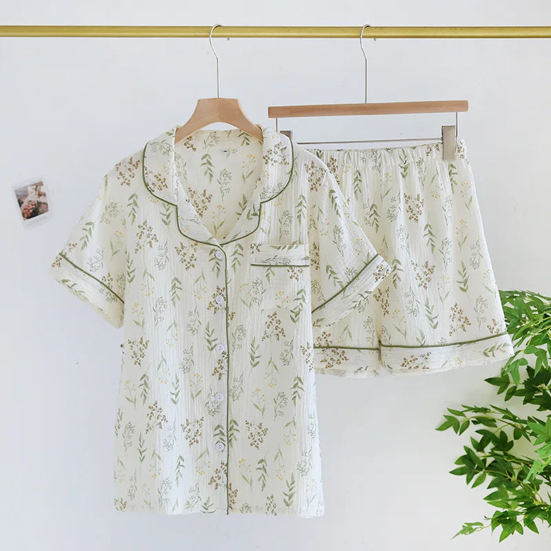 Saviig Cotton Gauze Short Sleeve Pajama Set