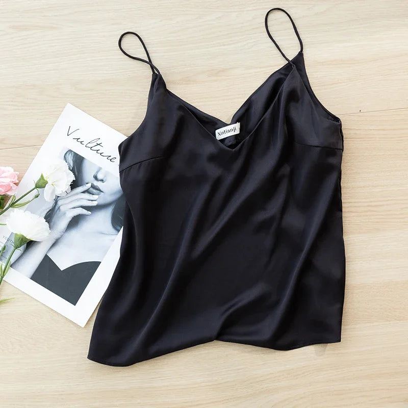 Saviig Satin V-Neck Camisole Top: Chic Sleeveless Tank for Summer