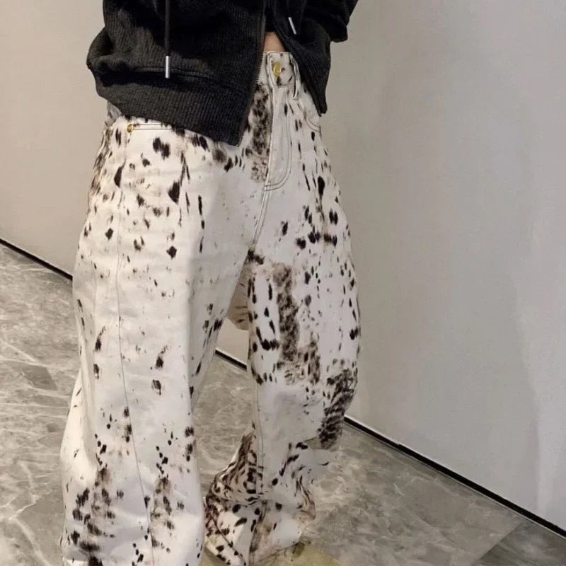 Saviig Beige Leopard Print Wide Leg Jeans - Vintage Streetwear Fashion