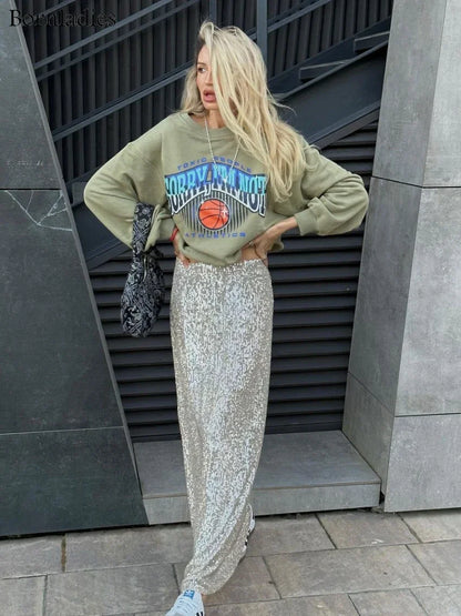 Saviig Silk Sequins Drop Waist Long Skirt - Elegant Streetwear Fashion