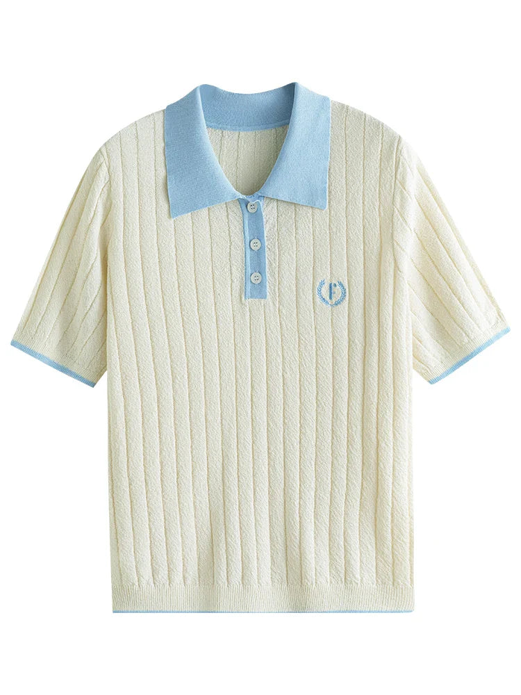 Saviig Women's College Color Matching Polo Collar Sweater