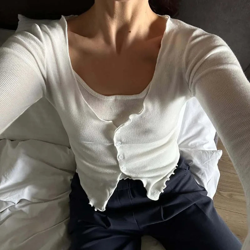 Saviig Spring Knit Sweater Solid Long Sleeve Slim Top Elegant Pullover