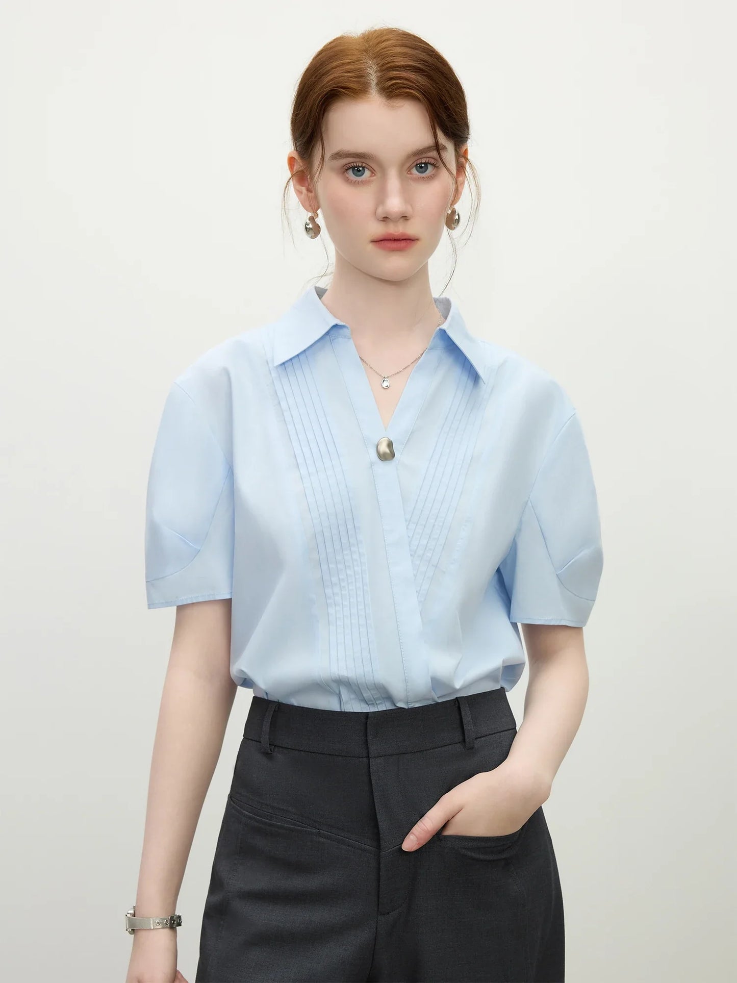 Saviig White V-Neck Short-Sleeve Top - 2025 Summer Minimalist Style